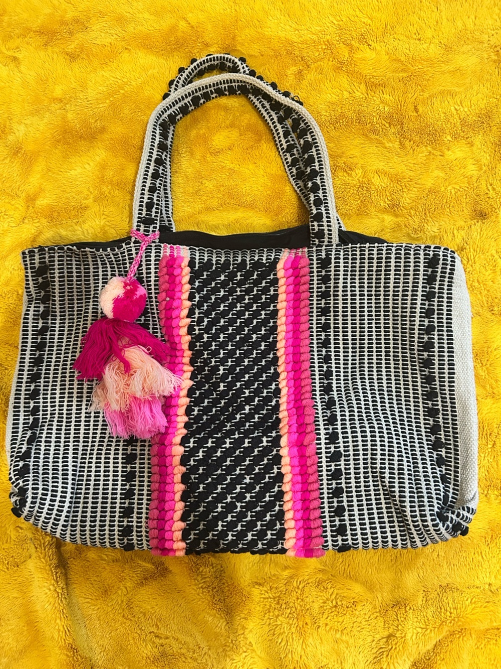 Black and Pink Woven Tote Bag with Pom Pom Accent EUC